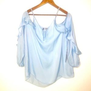 NWT JENNIFER LOPEZ Ruffled Tier Sleeve Cold Shoulder Top XL Baby Blue